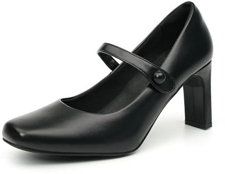 Ortho+rest Women's Mary Jane Chunky Heels 3 Inch – Square Toe Pumps with Elastic Strap, Comfortable Office Shoes (4.5 UK,Black)