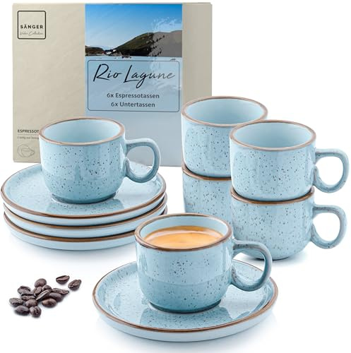 SÄNGER Rio Lagune Espressotassen Set 12 teilig, Tassen Set 6 Personen | Espresso- & Mokkatassen, kratz- spülmaschinen- mikrowellenfest, 6xTassen & 6xUntertassen blau 80 ml