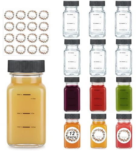 WERTIOO 12 Stück Ingwer Shot Gläser, 60ml Shotgläser mit Deckel, Eckige | 2oz Shot Flaschen zum Befüllen, Kleine flaschen zum Befüllen für Likör, Saft und Gewürze, Auslaufsicher und Wiederverwendbar