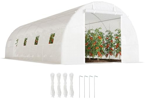 Outsunny Serra da Giardino a Tunnel 8x3x2 m con Porte, 12 Finestre Bianco | Porte Avvolgibili, 4 Rinforzi Diagonali, Struttura in Acciaio, Copertura PE, per Orto Verdure Fiori Frutta