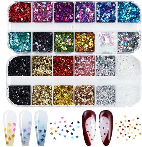 Heart Star Nail Sequins,2 Boxes 24 Grids Laser Heart Love Star Nail Art Glitter,Sparkling Valentine's Day Holographic Glitter Sequins for Women Girls Manicure (A-)