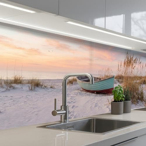 KitchenYeah© Spritzschutz Küche Küchen Rückwand Küchendeko Wand Wandschutz | 60x250 cm - Selbstklebend Backsplash Kitchen Peel And Stick Rustikal - Ruderboot - Sandstrand