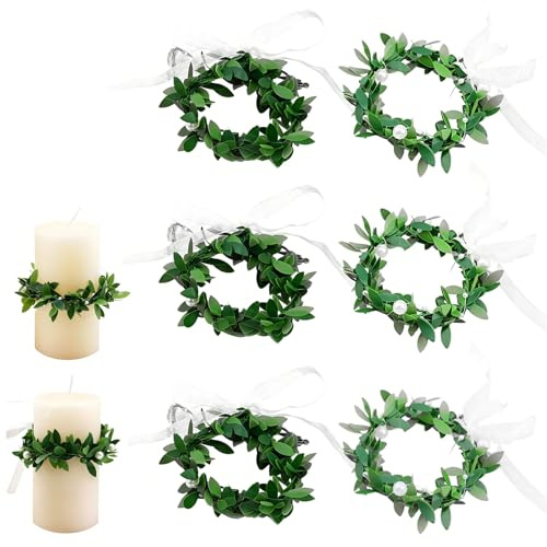 6 Stück Tropfschutz Kommunionkerze, Kerzenkranz mit grünen Blättern & weißem Organza, dekorativer Tropfenfänger für Kommunion, Taufe, Firmung & Hochzeit, Durchmesser 6 cm, Grün