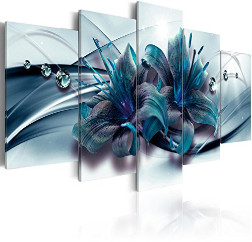 B&D XXL Acrylglasbild Blumen 200x100 cm 5 Teilig Wandbild auf Acryl Glasbilder Kunstdruck Moderne Acrylglas Platte Wanddekoration Geschenke Heimdekoration Glasbild Lilien Abstrakt Diamant blau