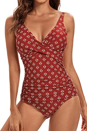 Viloree Vintage Maillot de Bain Une pièce pour Femme Col V Contrôle Amincissante Slim Grande Taille Monikini Rouge Imprimer L