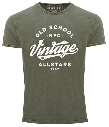 Neverless® Herren Vintage Shirt Retro Schriftzug Allstars Old School NYC Design Printshirt Used Look Slim Fit Oliv M