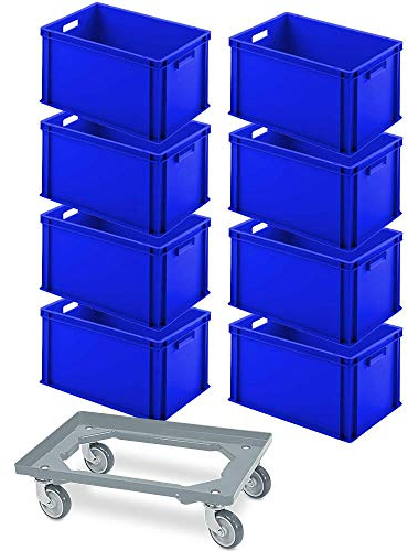 Komplettset Schwerlast-Transportroller + 8x Eurobox 600x400x320mm, blau
