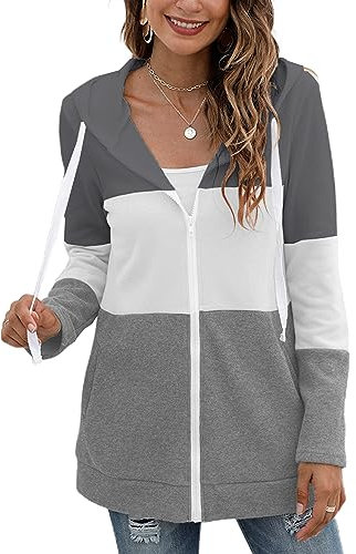 iChunhua Ladies Soft Full Zip Up Hooded Jacket Long Sleeve Drawstring Sweatshirts Hoodies Grey Large