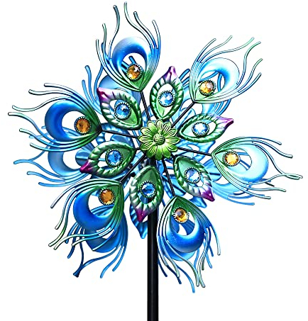 Roaming Light Pfauen-Windspiel, 121,9 cm, doppelte Windskulptur, kinetische Windspiele, Outdoor-Metallpfahl, Hofkreisel, Gartenwindfänger, Windmühlen, Windspiele für Hof und Garten
