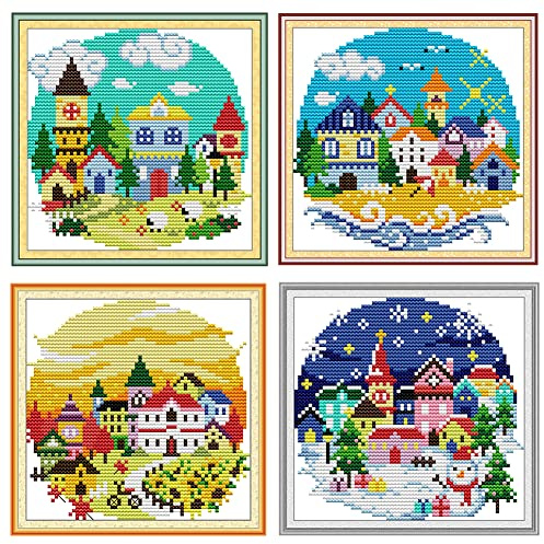 Amiiba 4P Stamped Cross Stitch Kits, Four Seasons House Christmas Snowman Tree Charming Village All-Season of the Town DIY 11CT 8.2x8.2 inch (Four Seasons)