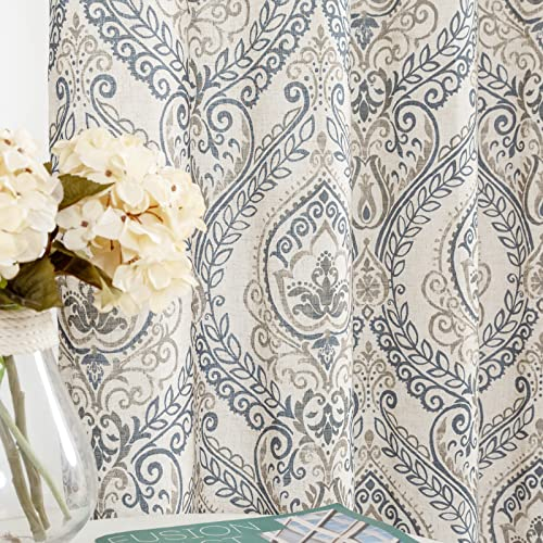 TOPICK Scheibengardine Leinen Vorhang Vintage Bistrogardine Landhaustil Blumen Bedruckt Gardine Geblümt Scheibengardinen Blickdicht für Küche Wohnzimmer Landhaus 2er-Set Blau auf Beige 65B x 90H(cm)