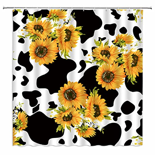 Kuhfell Sonnenblume Duschvorhang Schwarz Weiß Milch Kuh Druck Gelb Sonnenblume Bauernhaus Tier Rindsleder Haut Muster Kreativ Rustikal Badezimmer Dekor Stoff Vorhang mit Haken 178 cm
