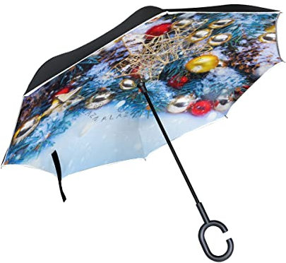 hengpai Xmas Ornaments over Pine Tree Reverse Inverted Inside Out Umbrella Cars Unigue Windproof UV Proof Double Layer for Women