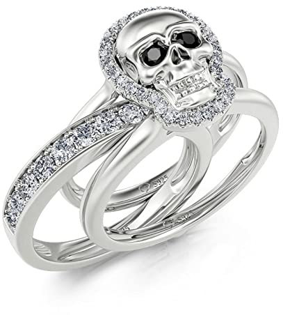 Jeulia Sterling Silber Austauschbarer Ring Set Totenkopf Frauen Rundschliff Zirkonia Verlobungsring Jubiläum Versprechen Schmuck Geschenkbox für Mama Frau (58(18.5), Unsterbliche)