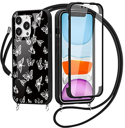 Yoedge 360 Grad Handyhülle Handykette für Samsung Galaxy S22 5G 6,06, Silikon TPU Fullbody Schutzhülle mit Integriertem Displayschutz Transparent Stoßfest Hülle mit Band zum Umhängen - Schmetterling