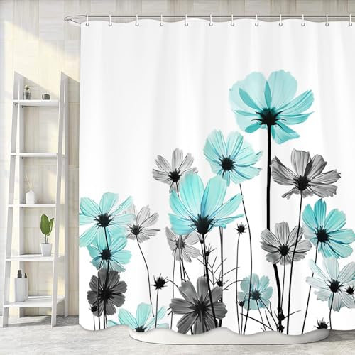 Blaugrüner Duschvorhang, rustikal, elegant, floral, türkis, graue Gänseblümchen, Badezimmer-Vorhänge, niedliches Wildblumen-Design, Bauernhauspflanze, Duschvorhang mit Haken, 183x183 cm