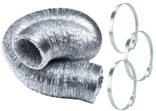3m Long Flexible Aluminium Ducting and 3 Jubilee Clips Worm Drive, Tumble Dryer Hose AC Extension 102mm Dia. (4 inch Dia.) Bathroom Fan Kitchen Extractor Wide Application