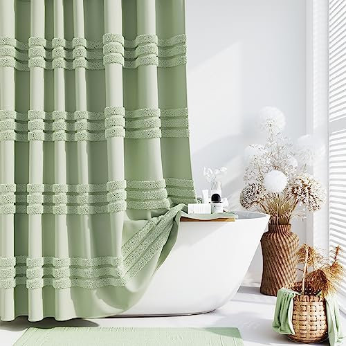 Dynamene Rideau de douche extra large en tissu chenille tufté à rayures pour salle de bain – Rideau de douche moderne et shabby chic en tissu chenille imperméable avec 18 crochets Vert sauge 274 x 183