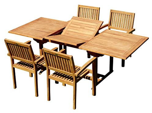 ALEOS. Teak Set: Gartengarnitur Ausziehtisch 150-210 cm x 90 cm + 4 Miami Sessel stapelbar 5-TLG. Essgruppe aus Teakholz
