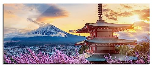 Pixxprint Glasbild Panorama, Wandbild aus Echtglas, Japanischer Tempel zwischen Kirschblüten, 100x40 cm, inkl. Aufhängung und Abstandshalter