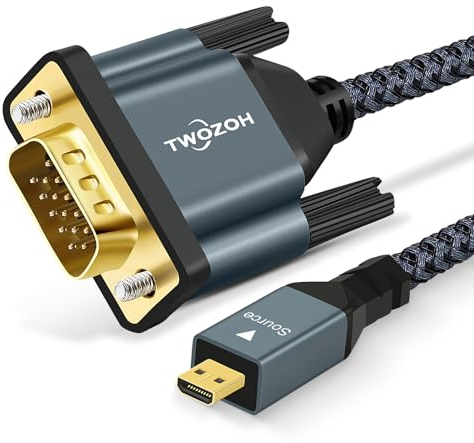Twozoh Micro HDMI auf VGA Kabel 2M, Vergoldet und Geflochten Micro HDMI to VGA (Stecker auf Stecker), unterstützt 1080P, 720p, kompatibel mit Laptop, Projektor, HDTV