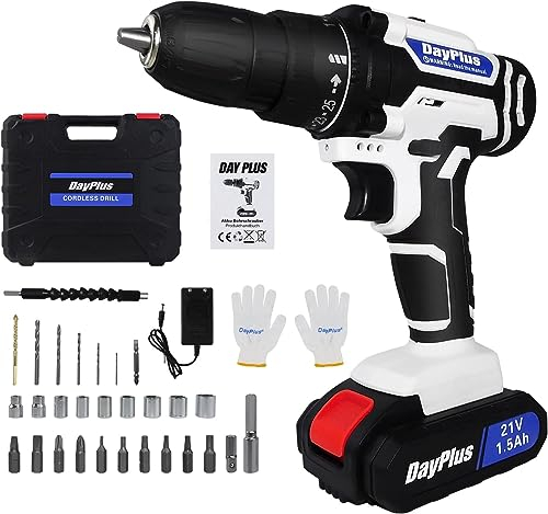 Trapano Avvitatore Batteria 21V, Avvitatore a Batteria,45N.m Avvitatore Elettrico con 1 batteria 1500 mAh, 2 Velocità, 29CS Accessori, 25+1 Coppie,LED,set di progetti fai da te per case e giardini