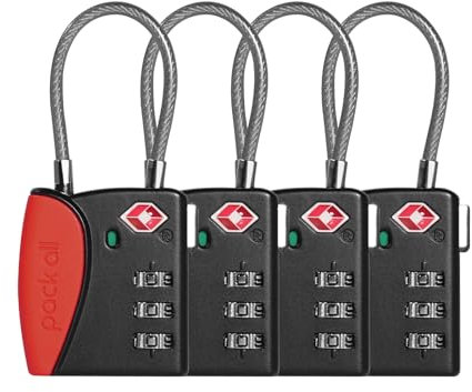 pack all TSA Approved Cable Luggage Locks, 3 Digit Combination Padlocks, Travel Lock for Suitcases & Bag, Alloy Body, Travel Accessories (4 Pack) (Red)