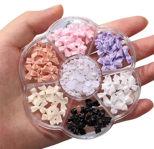 3D Bow Nail Charms,1Box 7Grids Bowknot Butterfly Bear Pearl Nail Art Charms,Resin Bow Nail Art Decorations for Women Girls Nail Art Design DIY Crafts (D Pattern)
