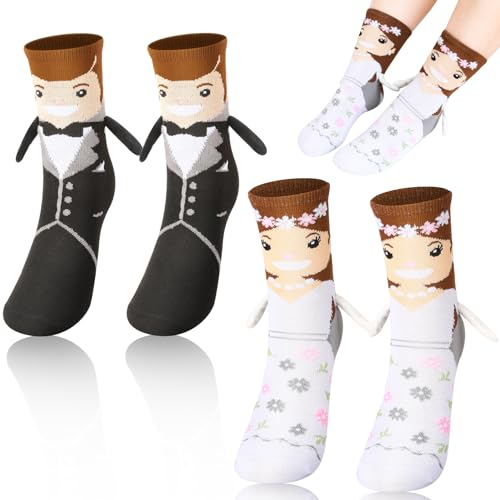 Halinuia 2 Paar Magnetische Socken für Paare, Lustige Socken, Braut und Bräutigam, die sich an den Händen halten, Besondere Geschenke für Hochzeit, Valentinstag