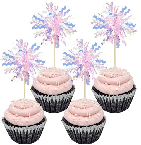 Gyufise 20Pcs Foil Firework Cupcake Toppers Sparkle Tinsel Cake Toppers Tinsel Drink Cake Decoration Cocktail Picks for Birthday Wedding Graduation Party Supplies Pink