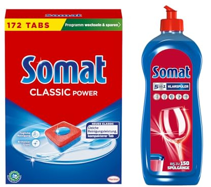 SOMAT Tabs 172 AW Classic Power, Geschirrspül Tabs mit Fettlösekraft für kraftvolle Reinigung, Spültabs für strahlend sauberes Geschirr + Somat Duo Power Experten Klarspüler 750ml