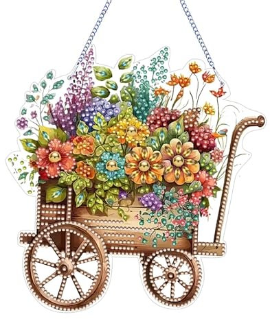 Generic 5D DIY Blumenwagen Diamond Painting Anhänger Diamant Painting Set Fensterbilder Ornamente mit Kette für Wand und Eingang Dekoration