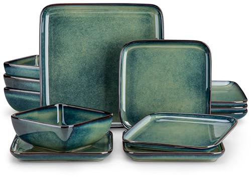 vancasso Stern Green 12-teiliges Geschirrset aus Steingut Responsive Square mit Tellern, Desserttellern, Schalen für 4 Personen