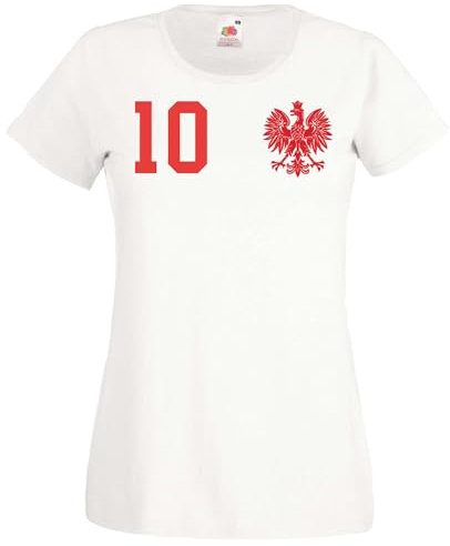 Polen Damen T-Shirt Trikot Polska Trikot Personalisiert mit Wunschname + Nummer - Weiß L