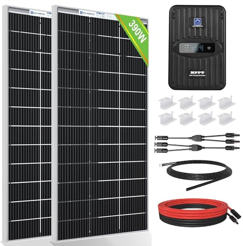 ECO-WORTHY Kit Panneau Solaire 390W : 2 * Panneau Solaire Bifacial 195W 12V + Régulateur de Charge Solaire MPPT 40A + Câble Solaire de 5m + Pinces de Fixation Z pour Camping-Car, Caravane, Maison
