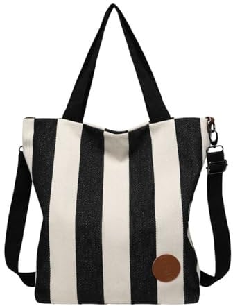 JANSBEN Damen Canvas Handtasche Schultertasche Casual Multifunktionale Umhängetaschen Groß für Arbeit Schule Shopper Lässige täglich (stripe)