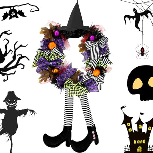 Jsdoin Halloween Wreath Front Door, 27 inch/68 cm witch wreath Halloween decoration, Halloween door wreath witch hat and pumpkin decoration front door or indoor wall decoration