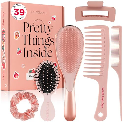 Lily England Detangle Hair Brush for Thick, Curly & Straight Hair - Fun Stocking Fillers for Teenage Girls & Kids with Decorative Stickers - Teenage Girl Gift (Rose Gold, 6 Pack + 39 Stickers)