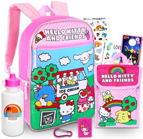 Sanrio Mochila con lonchera con My Melody, Tuxedo Sam, Cinnamoroll, Hello Kitty, paquete con mochila escolar Sanrio de 16 pulgadas, bolsa de almuerzo, botella de agua, calcomanías, bolsa escolar Hello