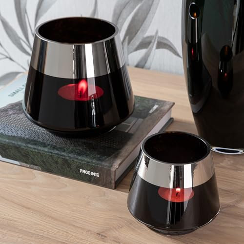 FINK Teelichthalter Set Jona 2-teilig - Kerzenglas Windlichter Glas Set - Kerzengläser Farben: Schwarz/Silber - Höhe 9/13 cm