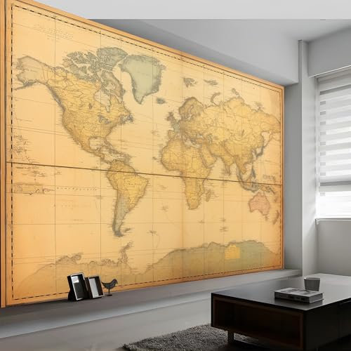 Photo Wallpaper Retro Style World Map Murals, Vintage Style Map Wall Mural Photo Wallpaper, 250 x 175 cm (W x H) Wallpaper Mural Wall Art for Living Room Bedroom Children's Room Corridor