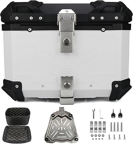 DIIDIIFF Motorrad-Heckbox, universell, 45 l, Aluminium, Motorrad-Topcase, Heckbox, Gepäckraum mit Montageteilen, zur Aufbewahrung von Helmen, Schwarz/Weiß/Silber (Farbe: Schwarz) (Creme)