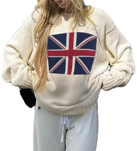 Women's American Flag Graphic Loose Knit Tops Long Sleeve Round Neck USA Jumpers Knitwear Casual Loose Pullover (Beige, S)