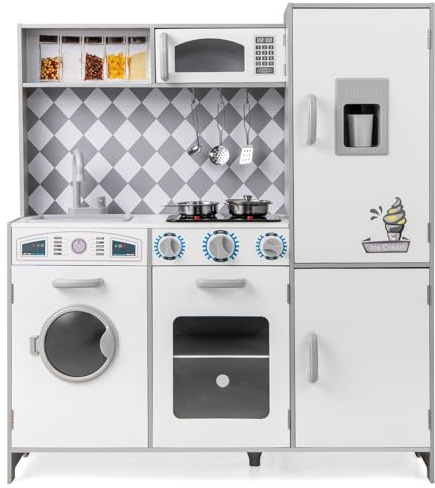 DREAMADE Kinderküche Holz, Spielküche mit simulierten Geräuschen & Lichtern, Kinder Küche mit Herd Mikrowelle Waschmaschine & Backofen, Holzküche Kinder mit Zubehör (Weiß)
