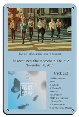 K-pop BTS Poster The Most Beautiful Moment in Life Pt. 2 Album-Poster, Blechschild, Vintage, Metall, Pub, Club, Café, Bar, Zuhause, Wandkunst, Dekoration, Poster, Retro, 20 x 30 cm