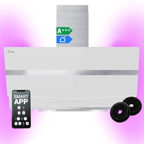 Campana Extractora 90 cm | Campana de Pared Inclinada | acero inoxidable | vidrio bianco | WiFi | apagado automático | Iluminación LED RGBW | Funcionamiento táctil | HERMES9005WM