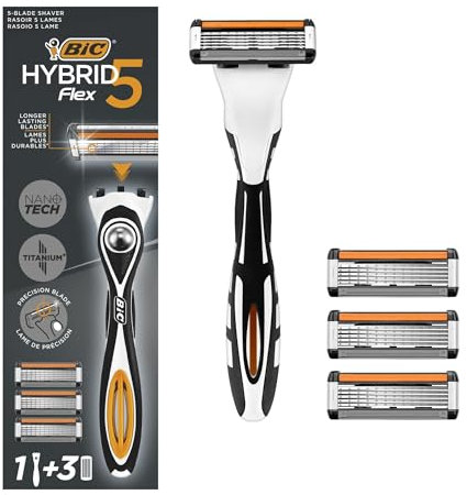 BIC Hybrid 5 Flex Rasierer Herren, Nassrasierer mit 3 Wechselklingen mit je 5 Klingen, mit Aloe Vera und Vitamin E, mit Präzisionstrimmer