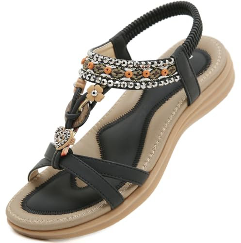 Acfoda Sandali Donna Estive Comodi Ortopedico Strass Bohemia Infradito da Spiaggia Bassi Flip Flop Eleganti Scarpe Nero 38