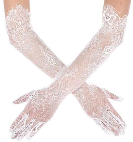 Yolev Lang Spitzenhandschuhe Brauthandschuhe Weiß Braut Fingerhandschuhe für Hochzeit Ellenbogen Blumen Spitzen Handschuhe für Teeparty Opernhandschuhe Halloween Karneval Maskerade