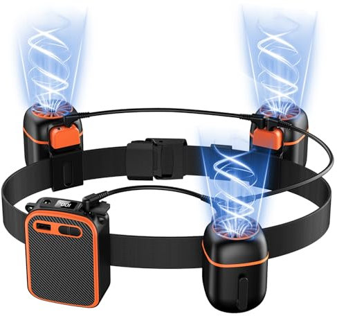 Portable Waist Fan with 3 Small Fans for 10 times Strong Wind & Wide Cooling Area 10000mAh Battery Over 24H Working Time Hands-Free Fan with Belt for Outdoor, Sports, Travel, Black Orange, Portable